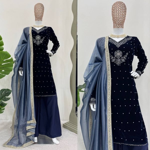 Navy Blue Velvet Suit with Intricate Thread Work and Moti Work for Women Ready To Wear Collection
