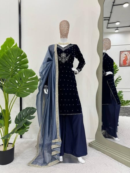 Navy Blue Velvet Suit with Intricate Thread Work and Moti Work for Women Ready To Wear Collection