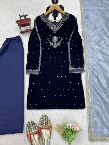 Navy Blue Velvet Suit with Intricate Thread Work and Moti Work for Women Ready To Wear Collection