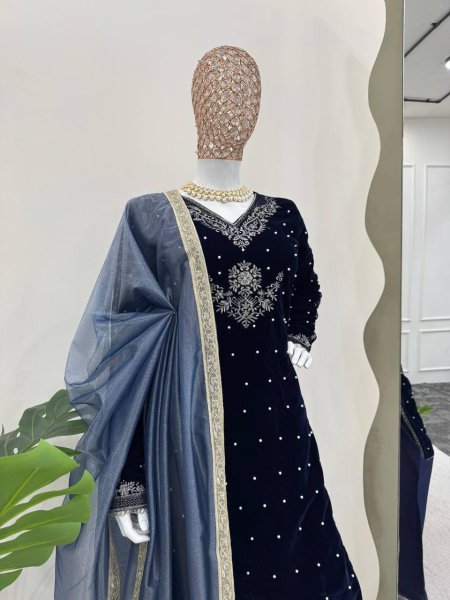 Navy Blue Velvet Suit with Intricate Thread Work and Moti Work for Women Ready To Wear Collection