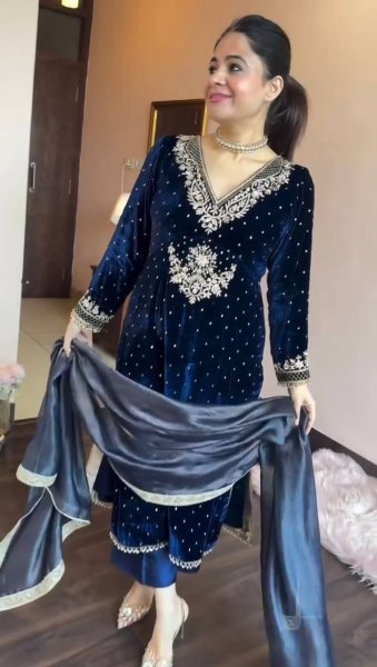 Navy Blue Velvet Suit with Intricate Thread Work and Moti Work for Women Ready To Wear Collection