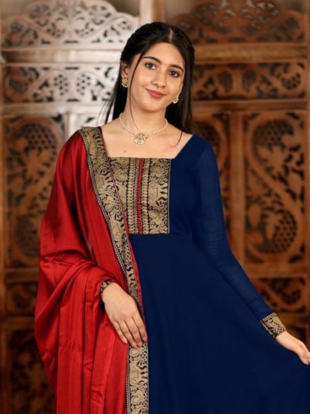Navy Blue Vichitra Silk Long Sleeve Kurti with Jacquard Lace Dupatta  Anarkali Kurtis 