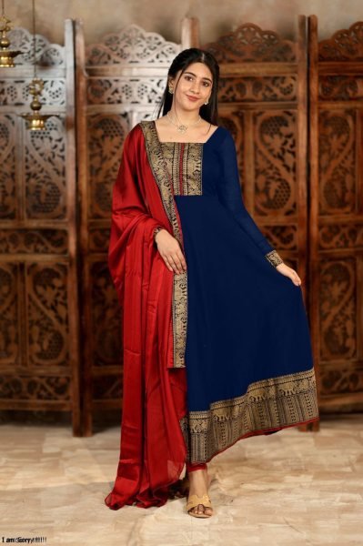 Navy Blue Vichitra Silk Long Sleeve Kurti with Jacquard Lace Dupatta  Anarkali Kurtis 