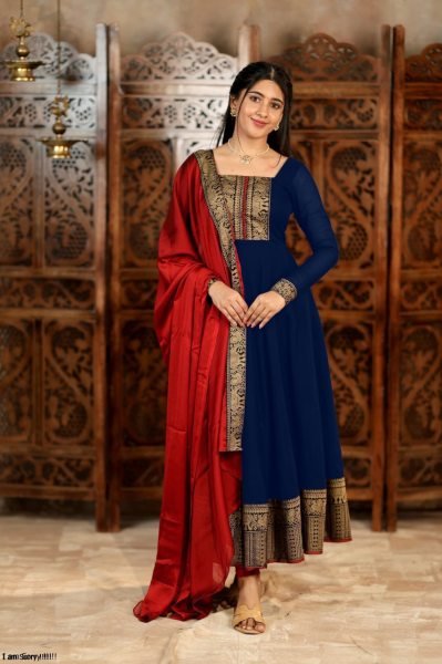 Navy Blue Vichitra Silk Long Sleeve Kurti with Jacquard Lace Dupatta  Anarkali Kurtis 