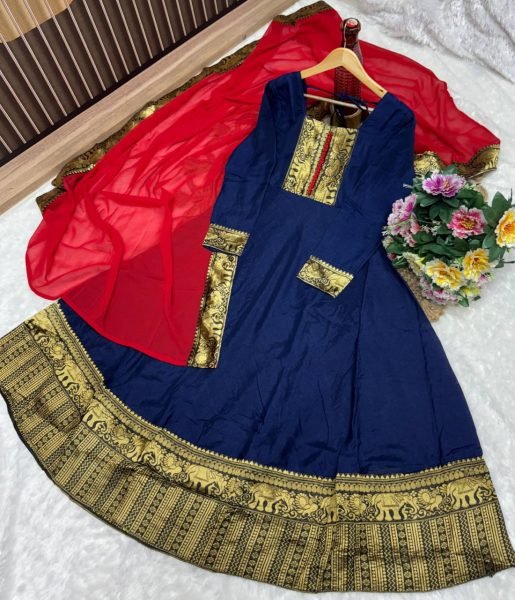 Navy Blue Vichitra Silk Long Sleeve Kurti with Jacquard Lace Dupatta  Anarkali Kurtis 
