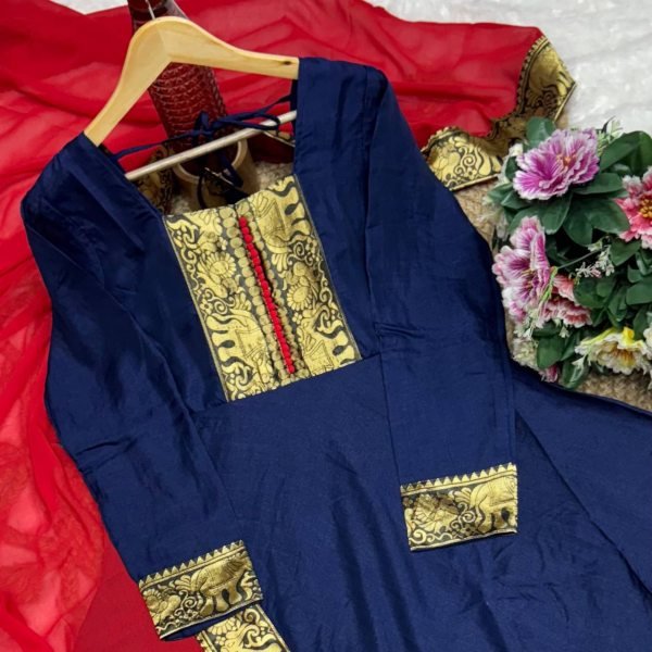 Navy Blue Vichitra Silk Long Sleeve Kurti with Jacquard Lace Dupatta  Anarkali Kurtis 
