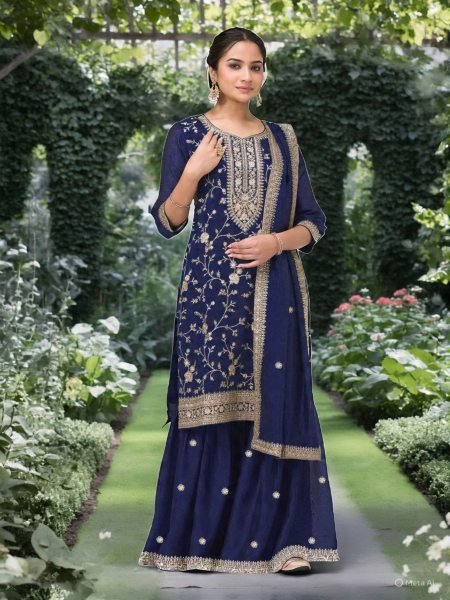 Navy Blue Wedding Special Embroidered Vichitra Suit with Heavy Dupatta for Grand Celebrations Salwar Kameez