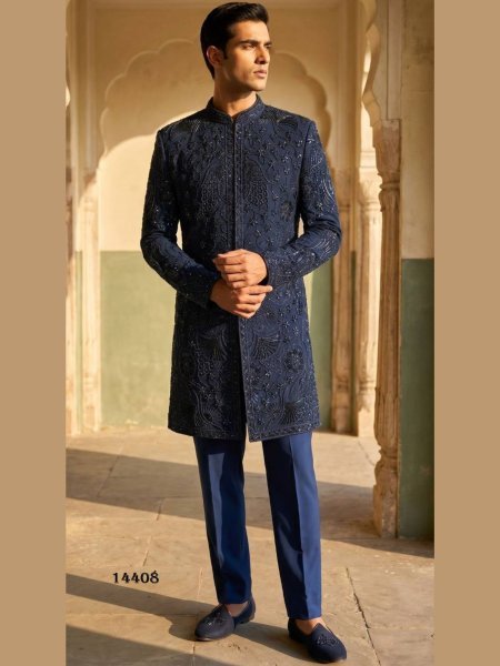 Navy Blue Wedding Wear Heavy Armani Indo Western Outfit with Premium Embroidery 