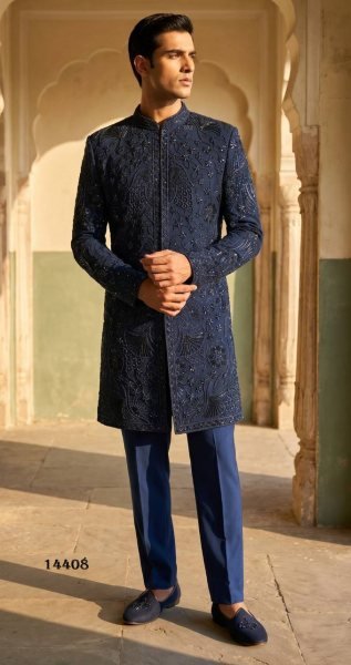 Navy Blue Wedding Wear Heavy Armani Indo Western Outfit with Premium Embroidery Kurta Pajama Wholesale