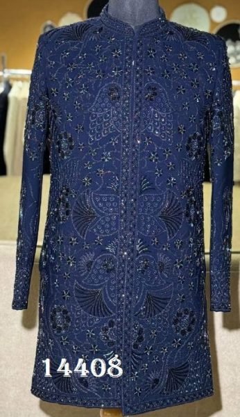 Navy Blue Wedding Wear Heavy Armani Indo Western Outfit with Premium Embroidery Kurta Pajama Wholesale