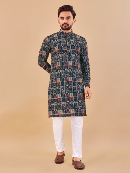 Navyblue  Premium Soft Cotton   Multicolour foil print long kurta Kurta Pajama Wholesale