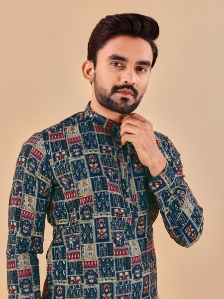 Navyblue  Premium Soft Cotton   Multicolour foil print long kurta Kurta Pajama Wholesale
