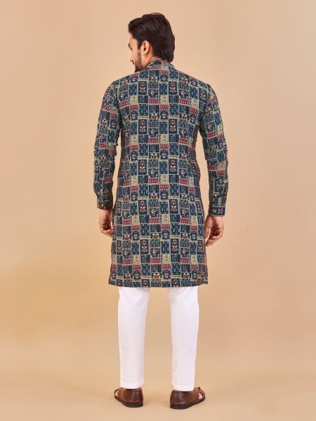 Navyblue  Premium Soft Cotton   Multicolour foil print long kurta Kurta Pajama Wholesale