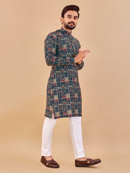 Navyblue  Premium Soft Cotton   Multicolour foil print long kurta Kurta Pajama Wholesale