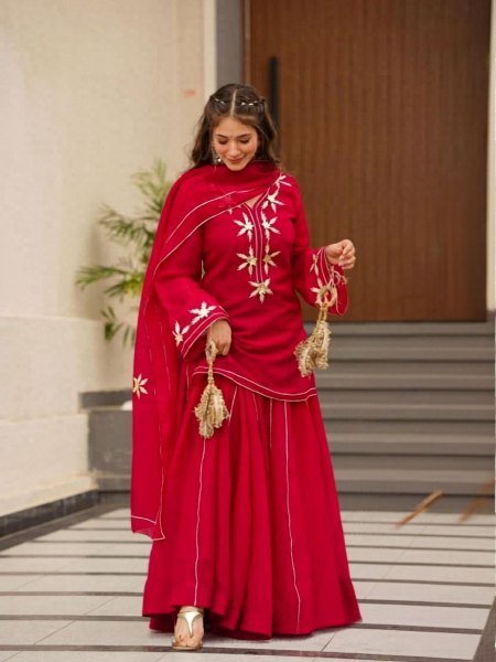 Neatfinish Pink Chiffon Gota Patti Short Kurta Sharara Set with Dupatta Ready To Wear Suit