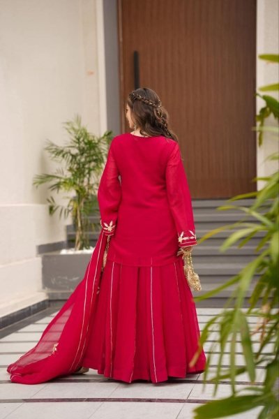 Neatfinish Pink Chiffon Gota Patti Short Kurta Sharara Set with Dupatta Ready To Wear Collection