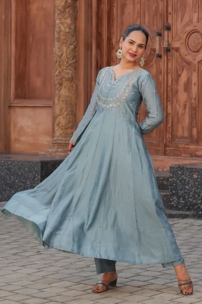 Muted Blue Color Women Embroidered Anarkali Kurta Set Anarkali Kurtis 
