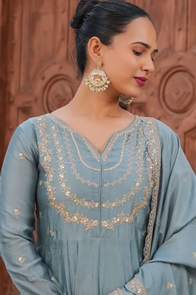Muted Blue Color Women Embroidered Anarkali Kurta Set Anarkali Kurtis 