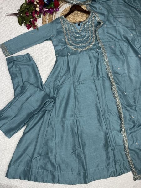 Muted Blue Color Women Embroidered Anarkali Kurta Set Anarkali Kurtis 