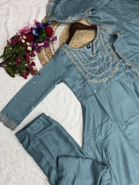 Muted Blue Color Women Embroidered Anarkali Kurta Set Anarkali Kurtis 