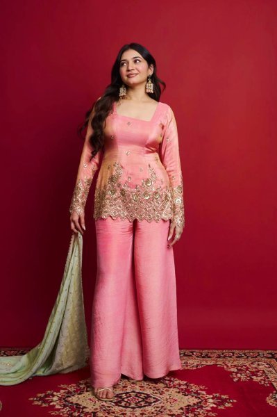 New Arrival Baby Pink Sharara Kurti Set with Embroidery for Special Occasions Ready To Wear Collection