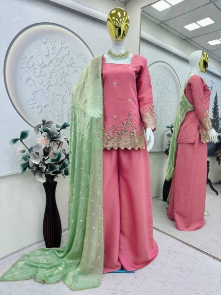 New Arrival Baby Pink Sharara Kurti Set with Embroidery for Special Occasions Ready To Wear Collection