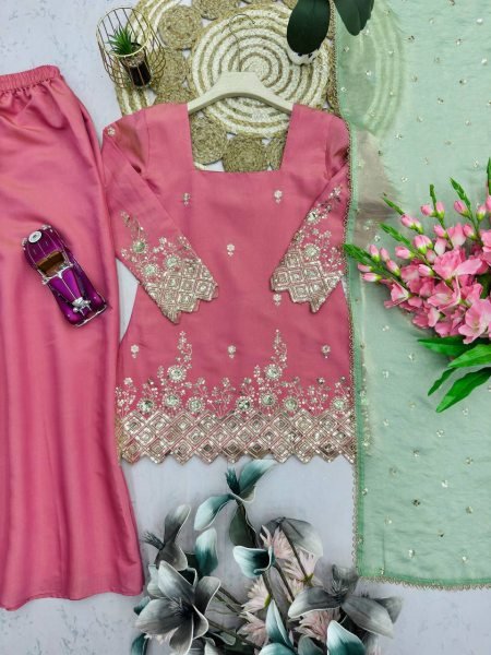 New Arrival Baby Pink Sharara Kurti Set with Embroidery for Special Occasions Ready To Wear Collection