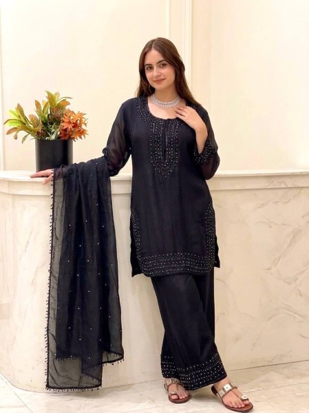 New Arrival Black Fancy Kurti With Stylish Party Wear Sharara And Dupatta Ready To Wear Collection