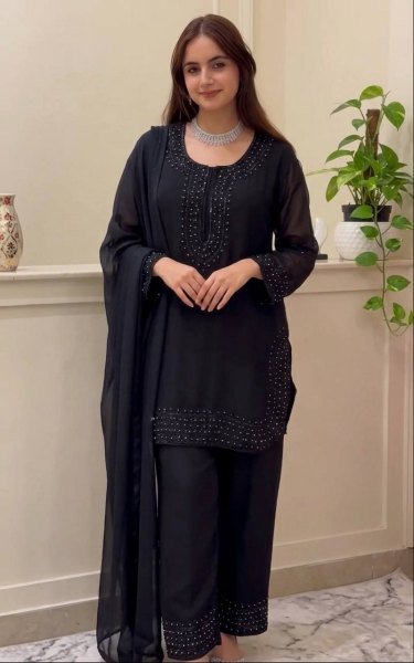 New Arrival Black Fancy Kurti With Stylish Party Wear Sharara And Dupatta Ready To Wear Collection