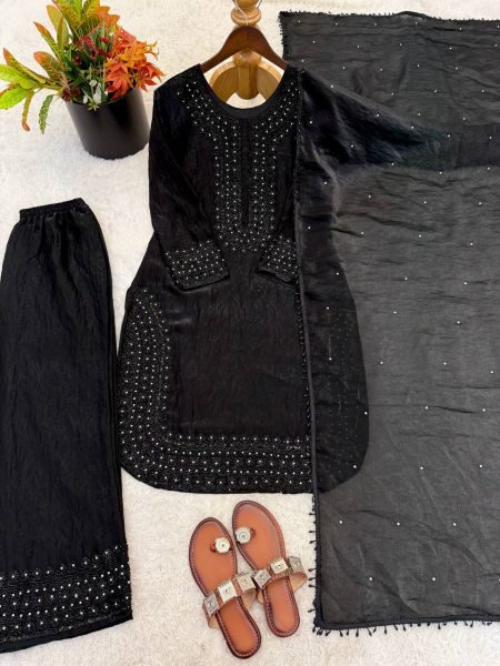 New Arrival Black Fancy Kurti With Stylish Party Wear Sharara And Dupatta Ready To Wear Collection