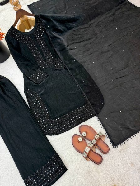 New Arrival Black Fancy Kurti With Stylish Party Wear Sharara And Dupatta Ready To Wear Collection