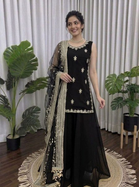 New Arrival Black Georgette Kurti Palazzo Set with Sequins Work for Special Occasions Ready To Wear Collection