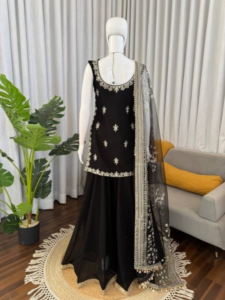New Arrival Black Georgette Kurti Palazzo Set with Sequins Work for Special Occasions Ready To Wear Collection
