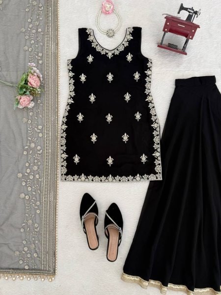 New Arrival Black Georgette Kurti Palazzo Set with Sequins Work for Special Occasions Ready To Wear Collection