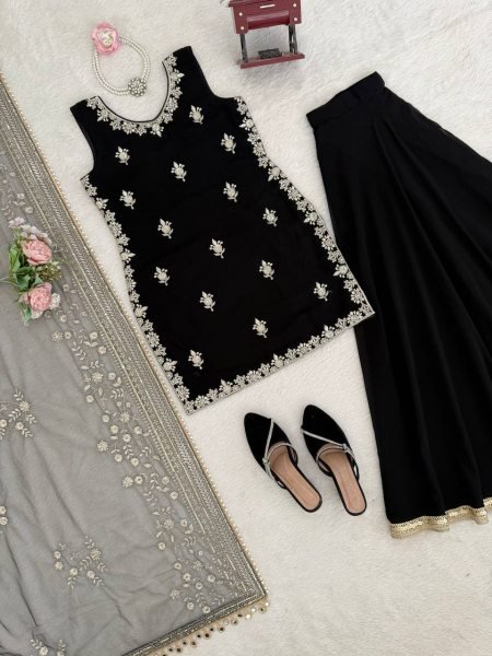 New Arrival Black Georgette Kurti Palazzo Set with Sequins Work for Special Occasions Ready To Wear Collection