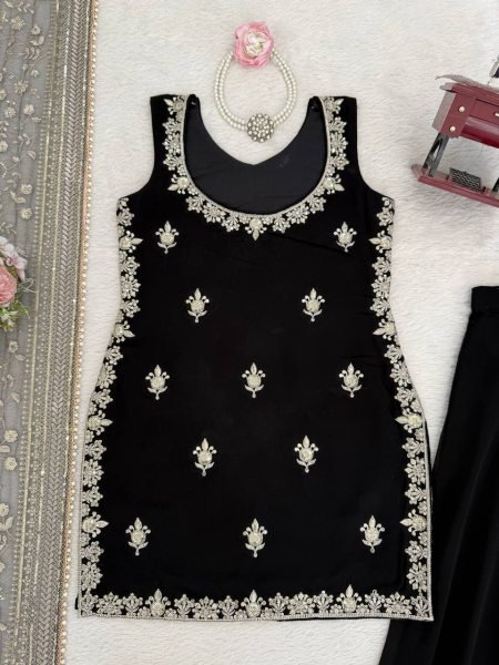 New Arrival Black Georgette Kurti Palazzo Set with Sequins Work for Special Occasions Ready To Wear Collection
