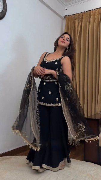 New Arrival Black Georgette Kurti Palazzo Set with Sequins Work for Special Occasions Ready To Wear Collection