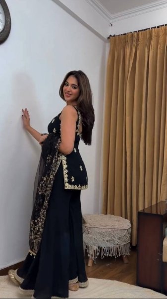 New Arrival Black Georgette Kurti Palazzo Set with Sequins Work for Special Occasions Ready To Wear Collection