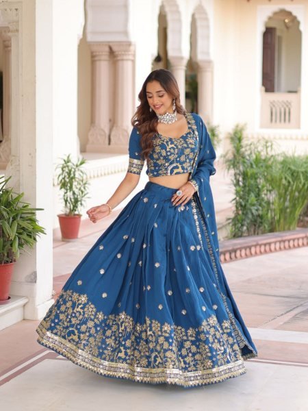 New Arrival Blue  Vichitra Silk Lehenga with Designer Blouse for Special Occasions  Lehenga
