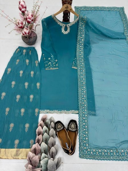 New Arrival Eid Special Design Heavy Faux Georgette Embroidered Sharara Palazzo Set Best Wholesale Rate Ready To Wear Collection