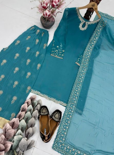 New Arrival Eid Special Design Heavy Faux Georgette Embroidered Sharara Palazzo Set Best Wholesale Rate Ready To Wear Collection