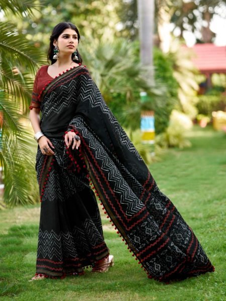 New Arrival: Trendy Pure Cotton Saree with Charming Pom-Pom Border Sarees 