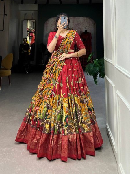 New Arrival Tussar Silk Lehenga Choli Set Kalamkari Print Foil Work Unstitched Blouse Elegant Navratri Collection Navratri Lehnega Choli