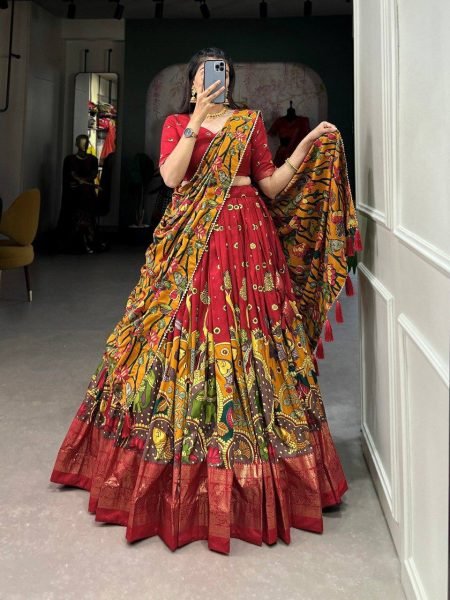 New Arrival Tussar Silk Lehenga Choli Set Kalamkari Print Foil Work Unstitched Blouse Elegant Navratri Collection Navratri Lehnega Choli