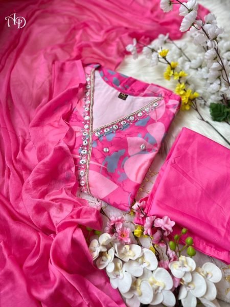 New Arrivals Pure Chiffon Kurti Pant With Dupatta  3 Piece Kurti Set