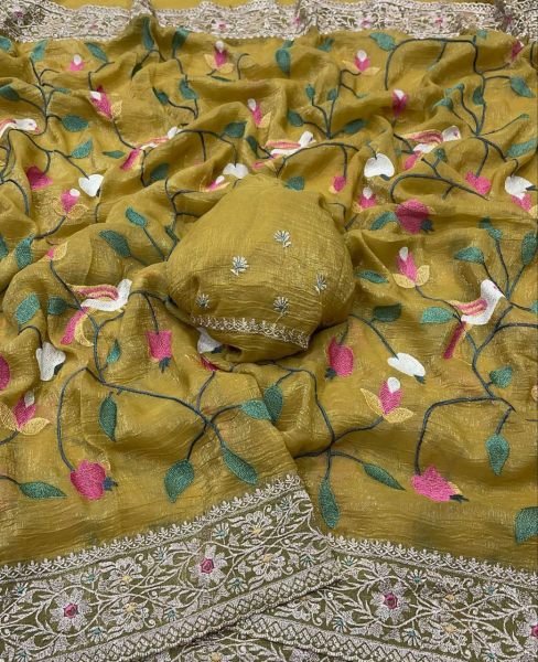 New Beautiful Fancy Designer Embroidered Work Party Wear Silk Saree Silk Sarees Wholesale