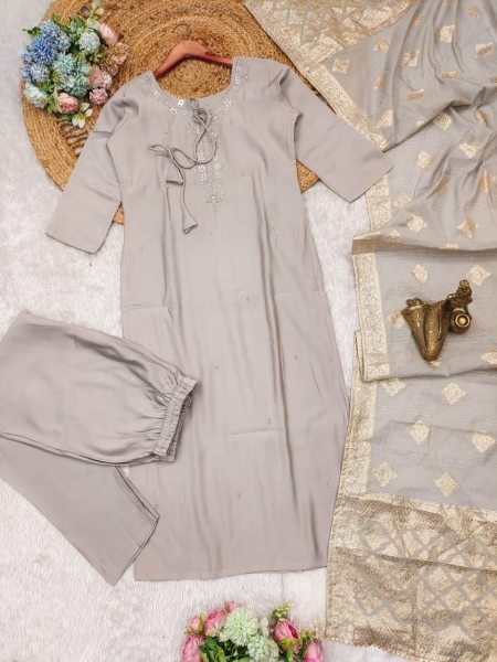 new beautiful roman silk original handwork, Zari weaving 3 pic suit set 3 Piece Kurti Set