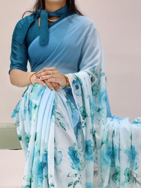 New Blue Floral Printed Saree with Silk Banglory Blouse Sarees 