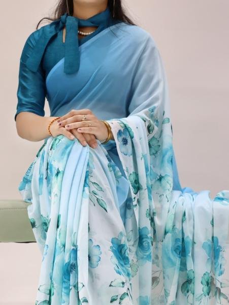 New Blue Floral Printed Saree with Silk Banglory Blouse Georgette Sarees Wholesale