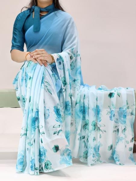 New Blue Floral Printed Saree with Silk Banglory Blouse Georgette Sarees Wholesale
